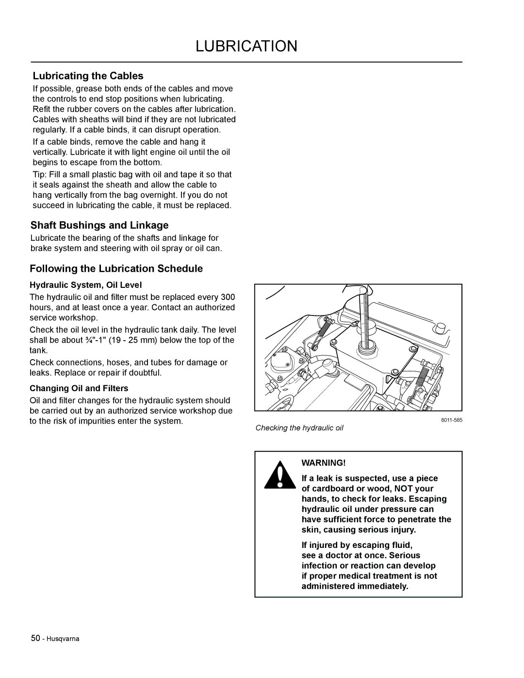 HTC LZC5227 / 965879701 manual Lubricating the Cables, Shaft Bushings and Linkage, Following the Lubrication Schedule 