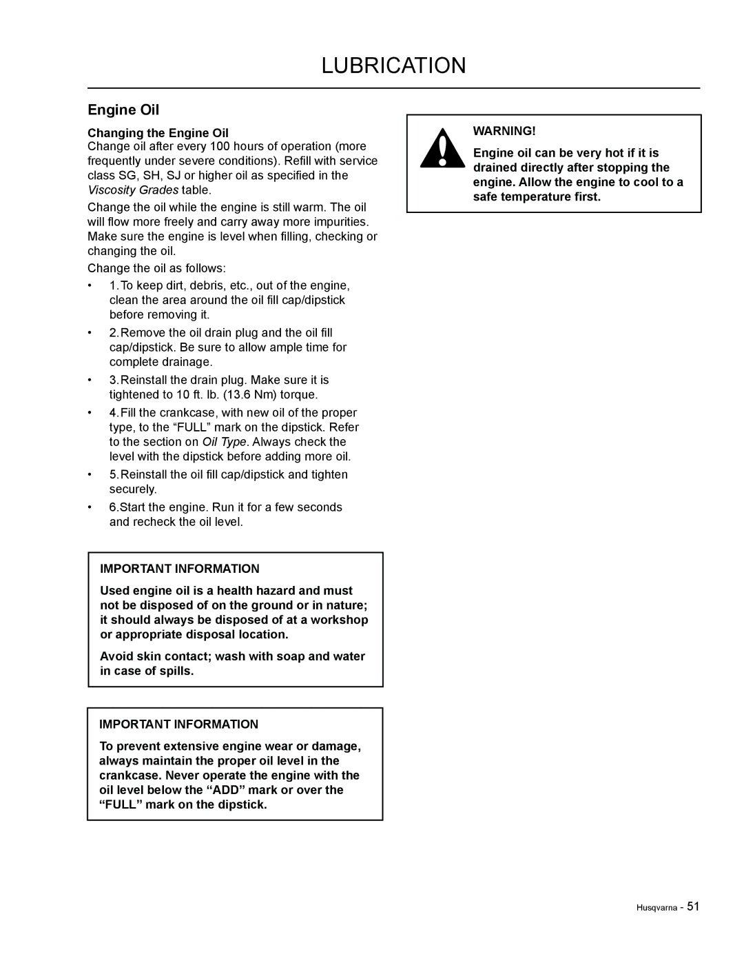 HTC LZC5225 / 965879601, LZC6130 / 965879801, LZ30 / 968999776, LZC5227 / 965879701 manual Changing the Engine Oil 