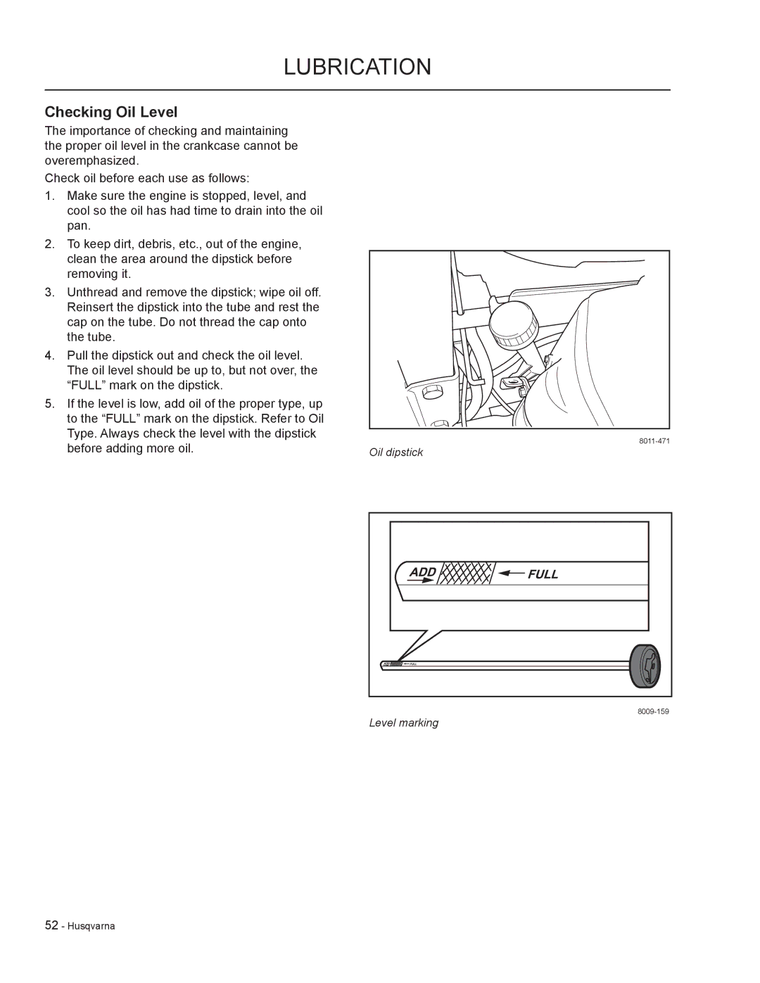 HTC LZC6130 / 965879801, LZ30 / 968999776, LZC5227 / 965879701, LZC5225 / 965879601 manual Checking Oil Level 