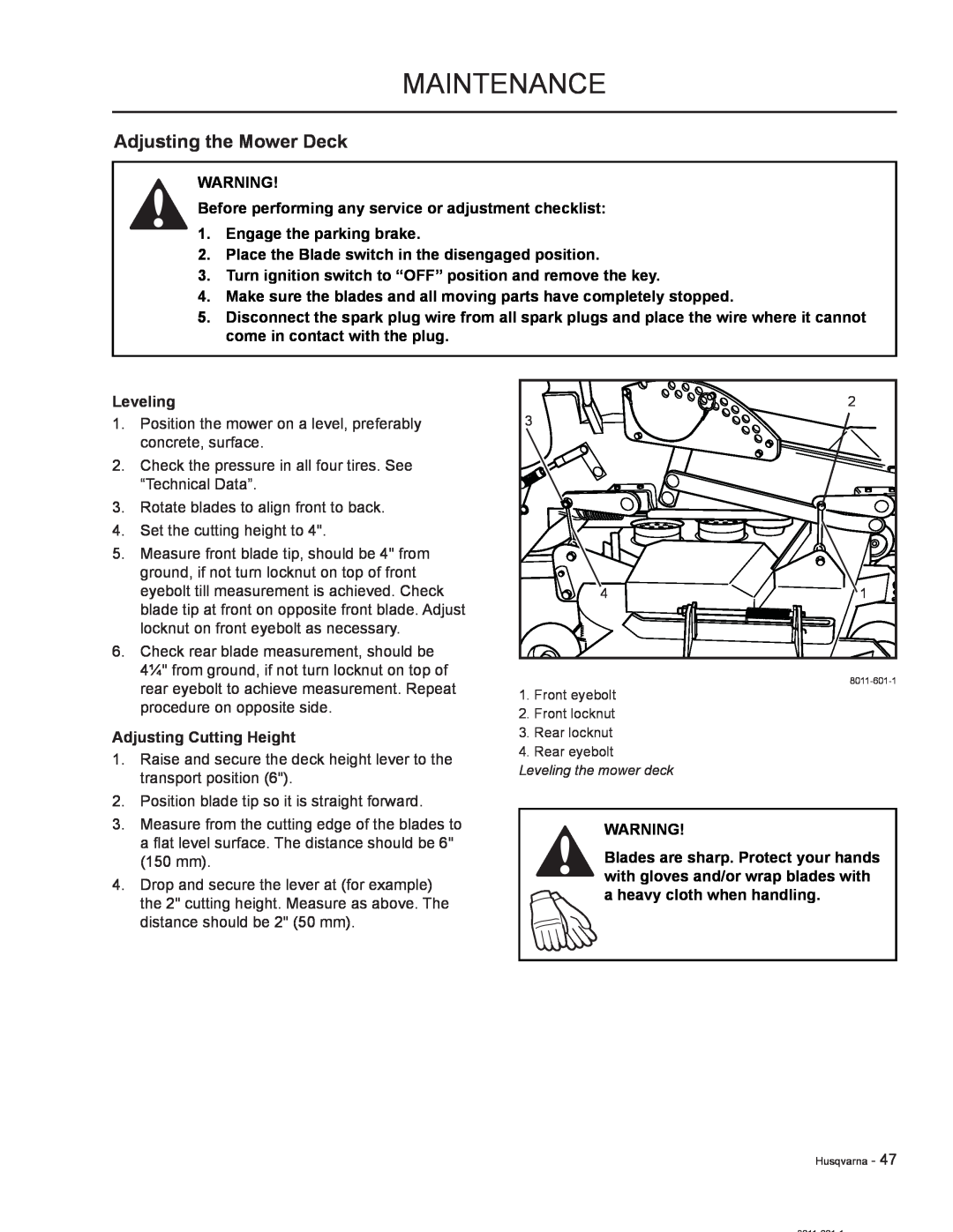 HTC LZC5225 / 965879601 manual Adjusting the Mower Deck, Engage the parking brake, Leveling, Adjusting Cutting Height 