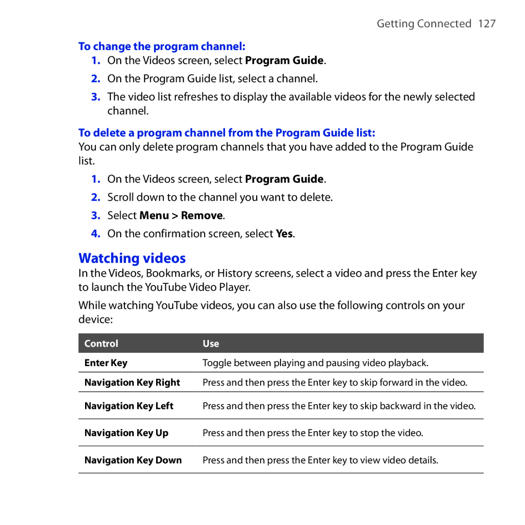 HTC HS S200 manual Watching videos, To change the program channel, To delete a program channel from the Program Guide list 