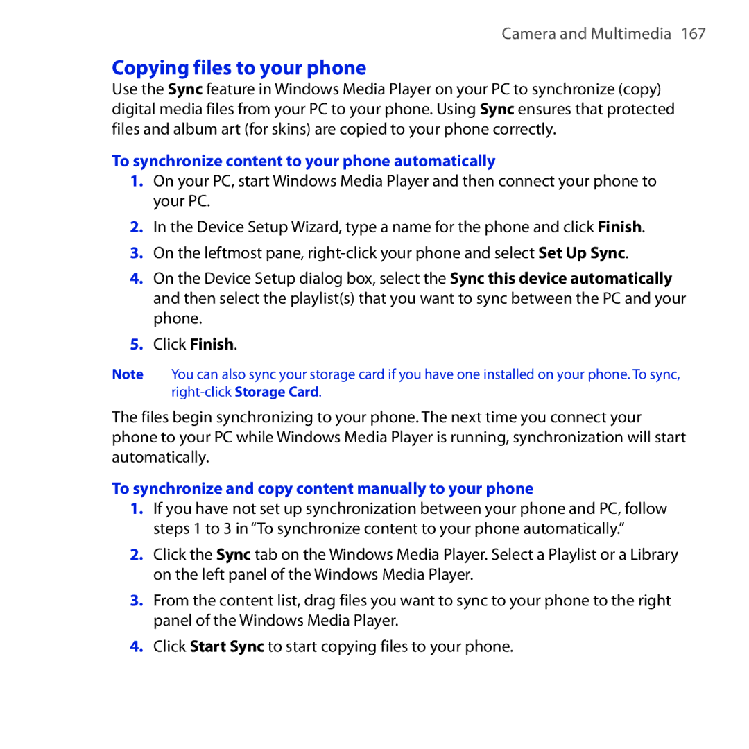 HTC HS S200, MAPL100 manual Copying files to your phone, To synchronize content to your phone automatically 