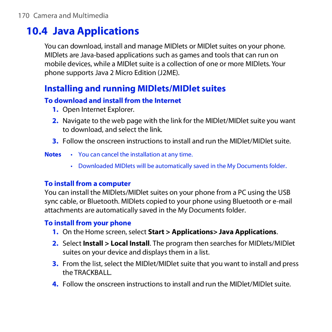 HTC MAPL100 Java Applications, Installing and running MIDlets/MIDlet suites, To download and install from the Internet 
