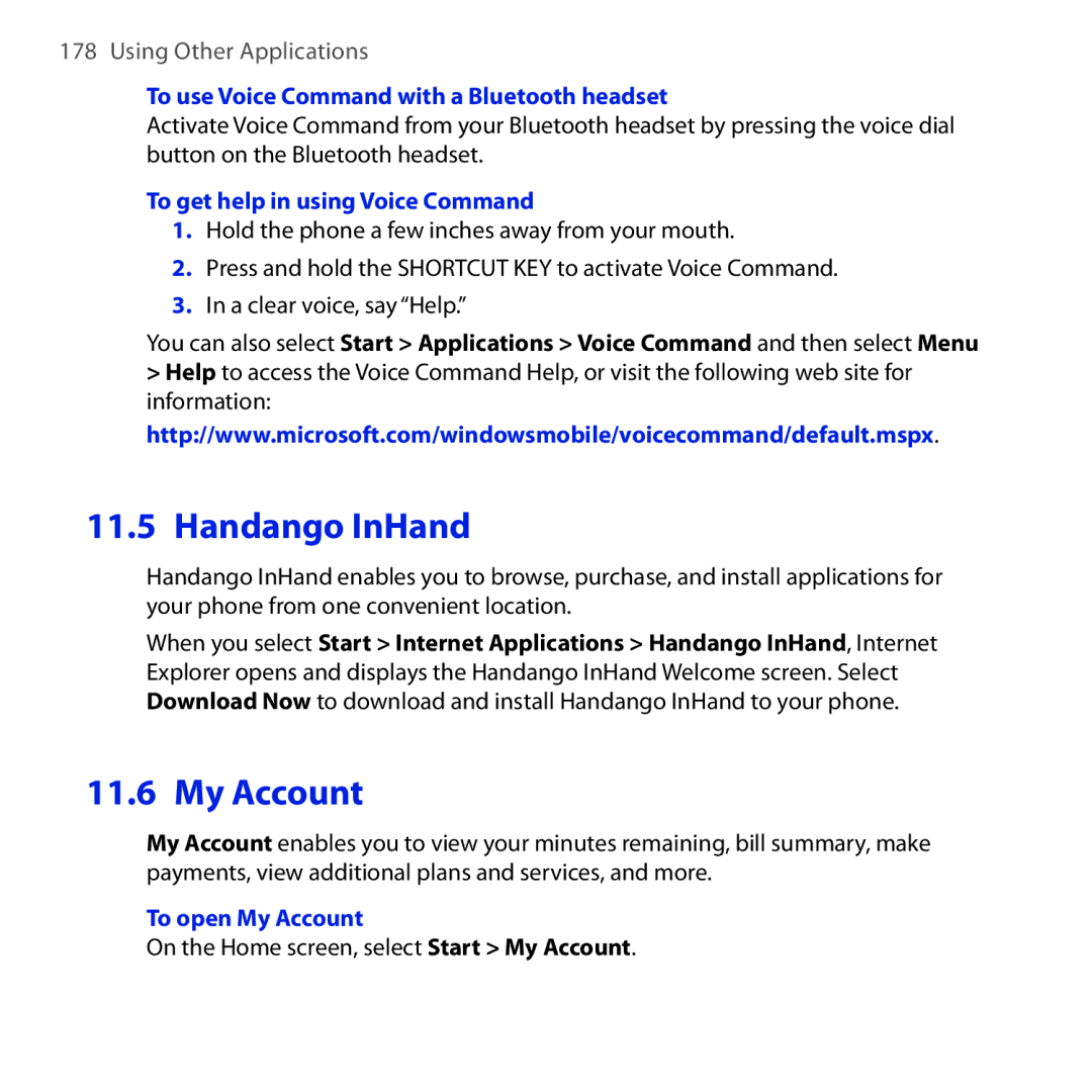 HTC MAPL100 Handango InHand, My Account, To use Voice Command with a Bluetooth headset, To get help in using Voice Command 