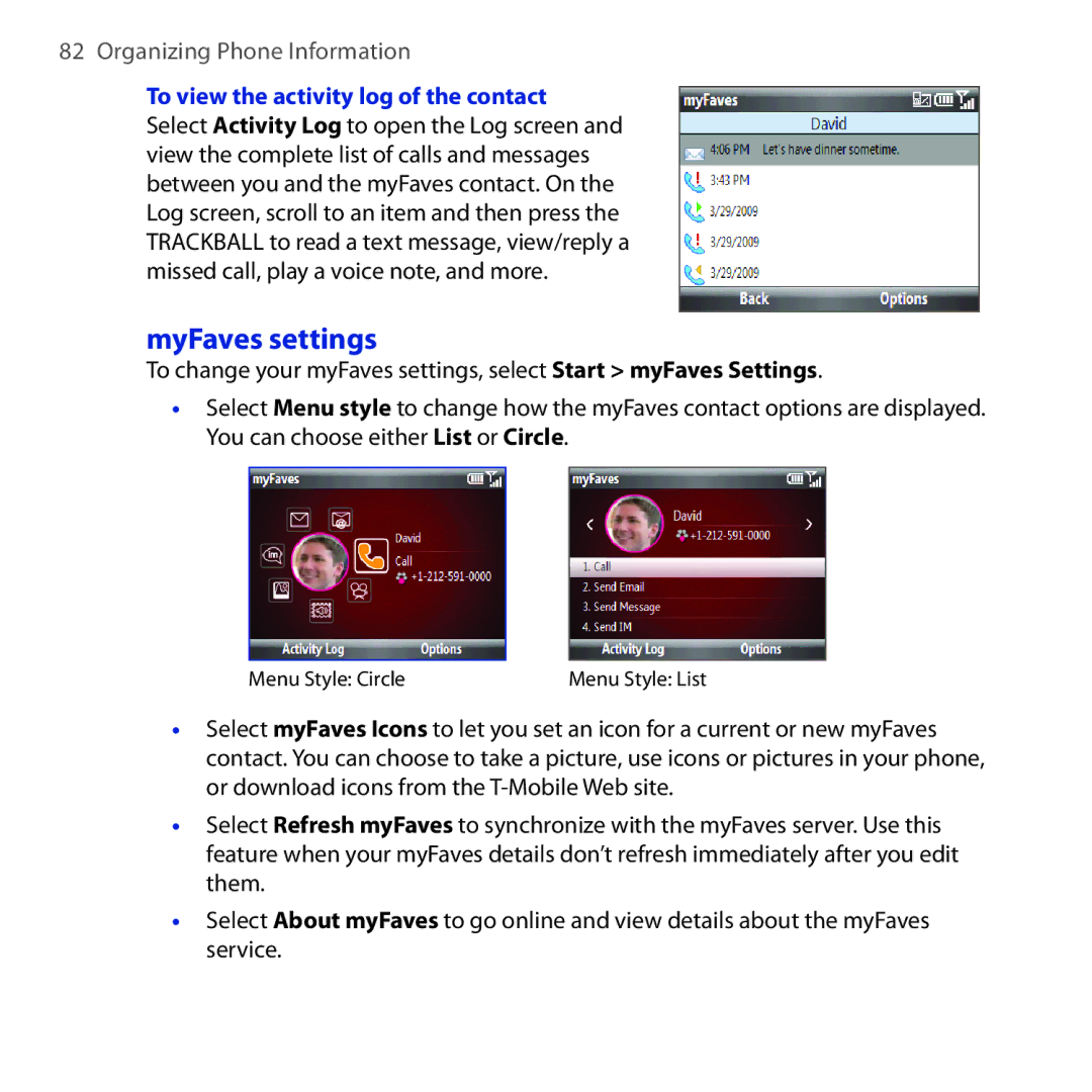 HTC MAPL100, HS S200 manual MyFaves settings, To view the activity log of the contact 