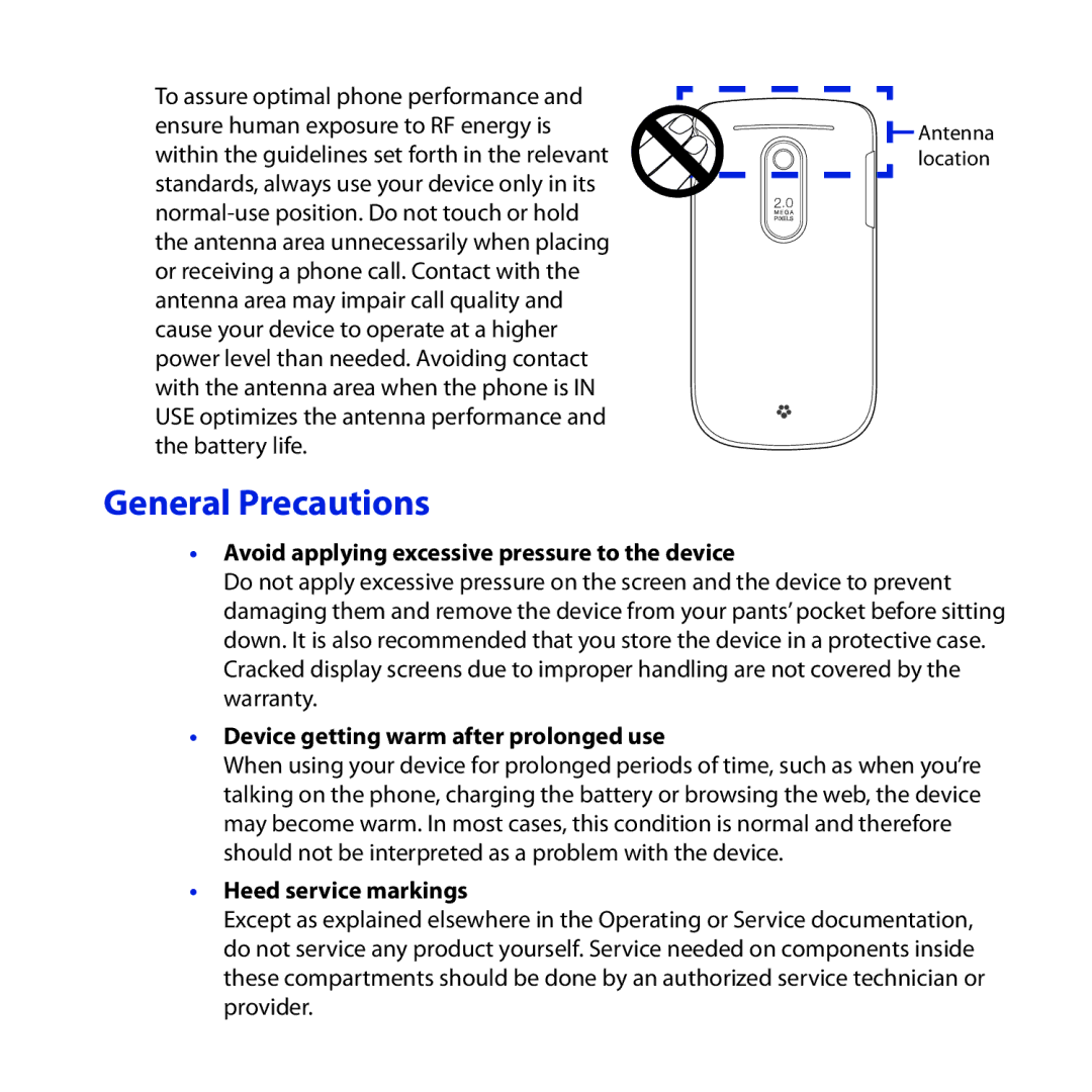 HTC HS S200 General Precautions, Avoid applying excessive pressure to the device, Device getting warm after prolonged use 