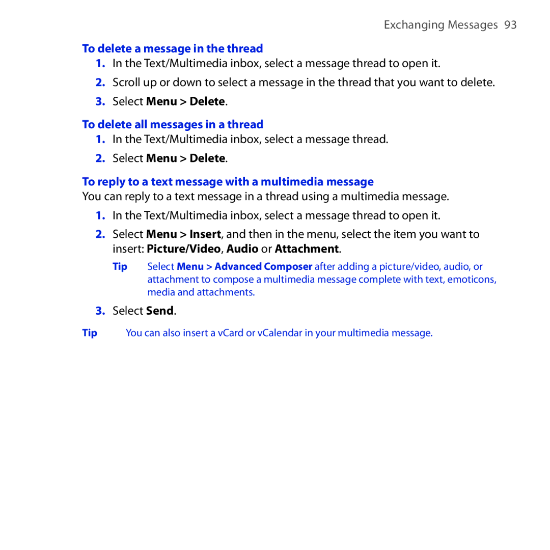 HTC HS S200, MAPL100 manual To delete a message in the thread, To delete all messages in a thread 