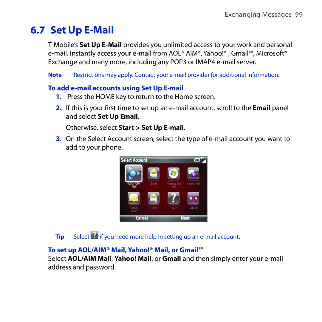 HTC HS S200, MAPL100 manual Set Up E-Mail, To add e-mail accounts using Set Up E-mail, Otherwise, select Start Set Up E-mail 