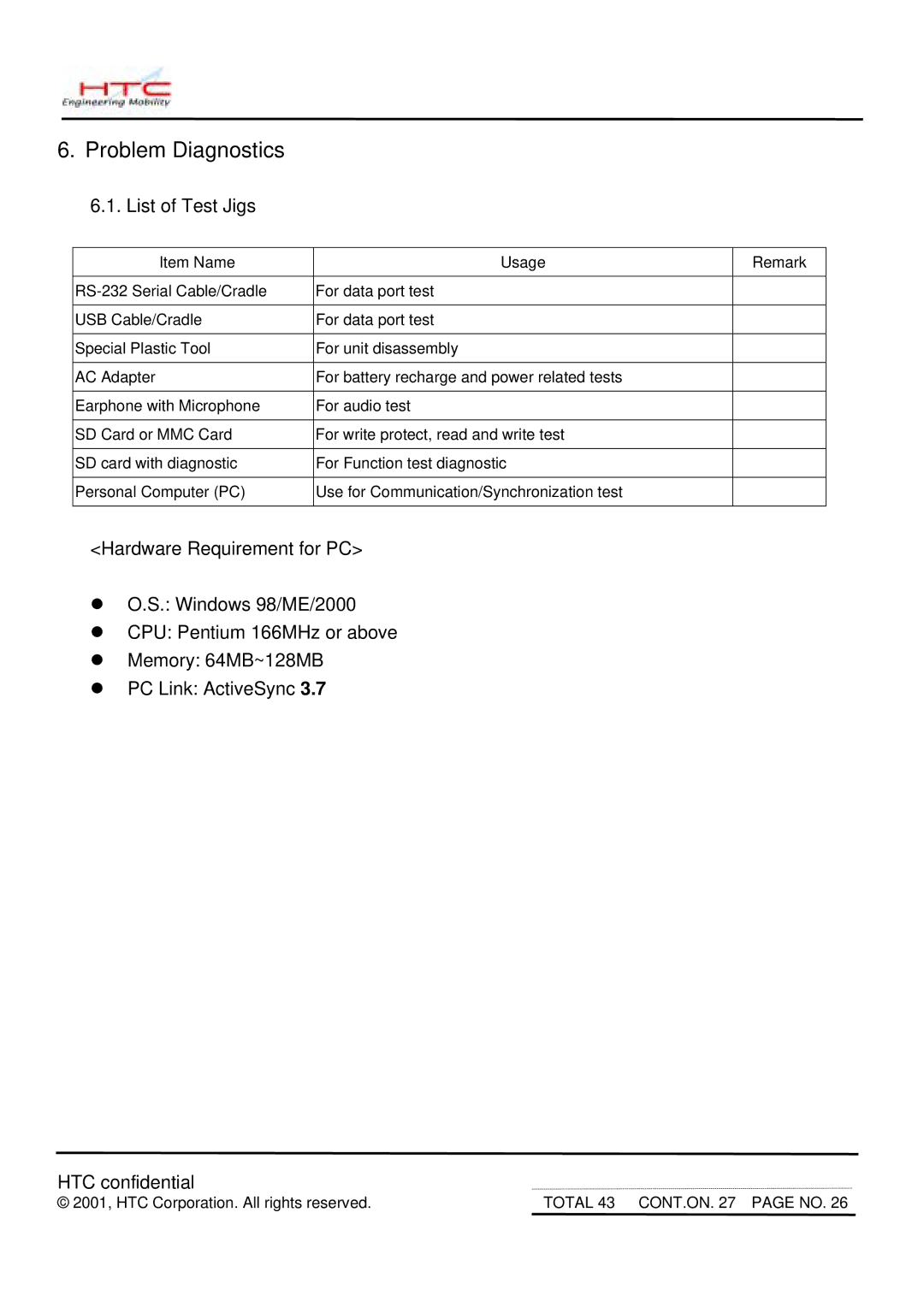 HTC MDA2 service manual Problem Diagnostics, List of Test Jigs 