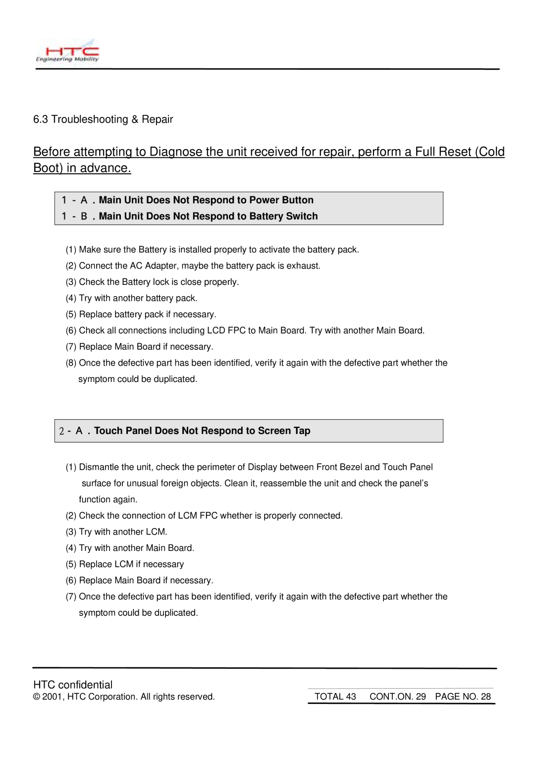 HTC MDA2 service manual Touch Panel Does Not Respond to Screen Tap 