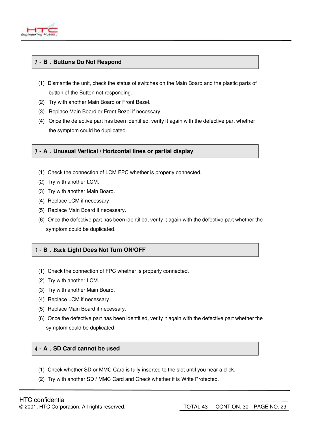 HTC MDA2 Buttons Do Not Respond, Unusual Vertical / Horizontal lines or partial display, Back Light Does Not Turn ON/OFF 