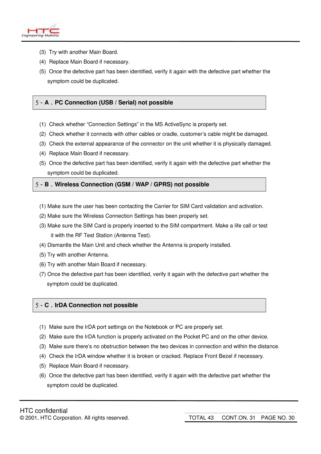 HTC MDA2 service manual PC Connection USB / Serial not possible, Wireless Connection GSM / WAP / Gprs not possible 