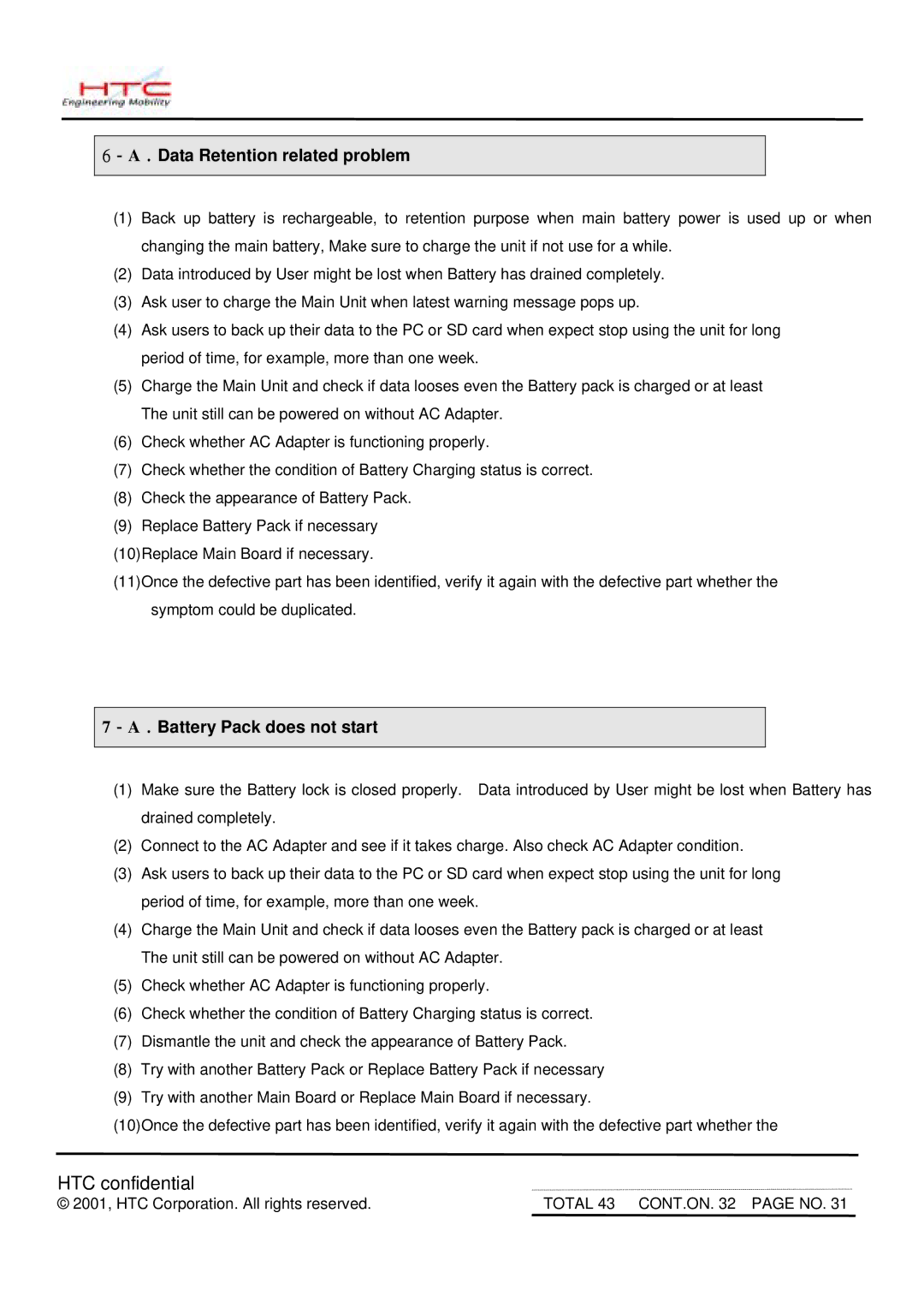 HTC MDA2 service manual Data Retention related problem, Battery Pack does not start 