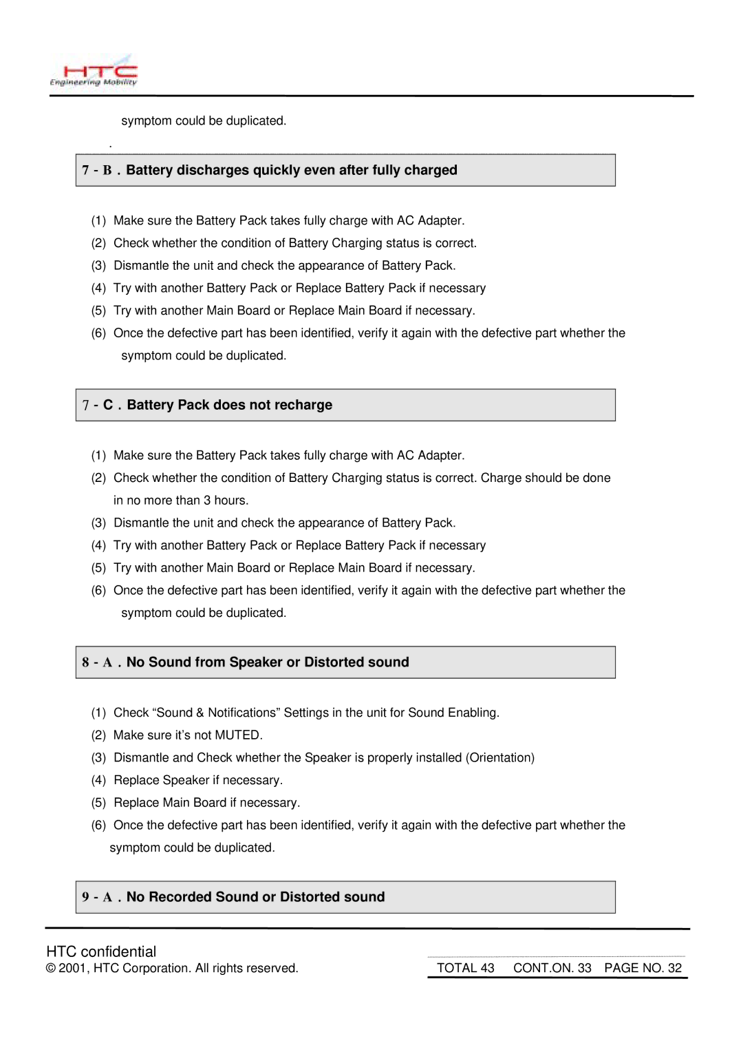 HTC MDA2 service manual Battery discharges quickly even after fully charged, Battery Pack does not recharge 