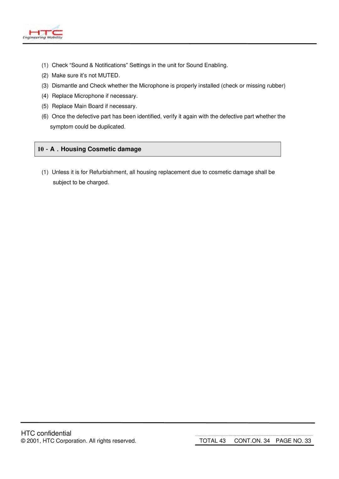 HTC MDA2 service manual Housing Cosmetic damage 