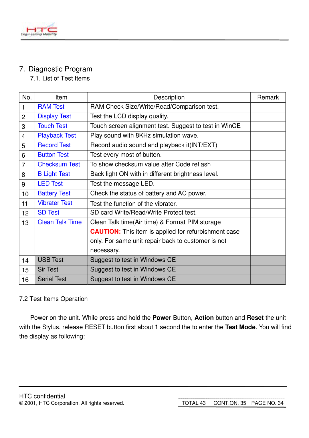 HTC MDA2 service manual Diagnostic Program, Clean Talk Time 