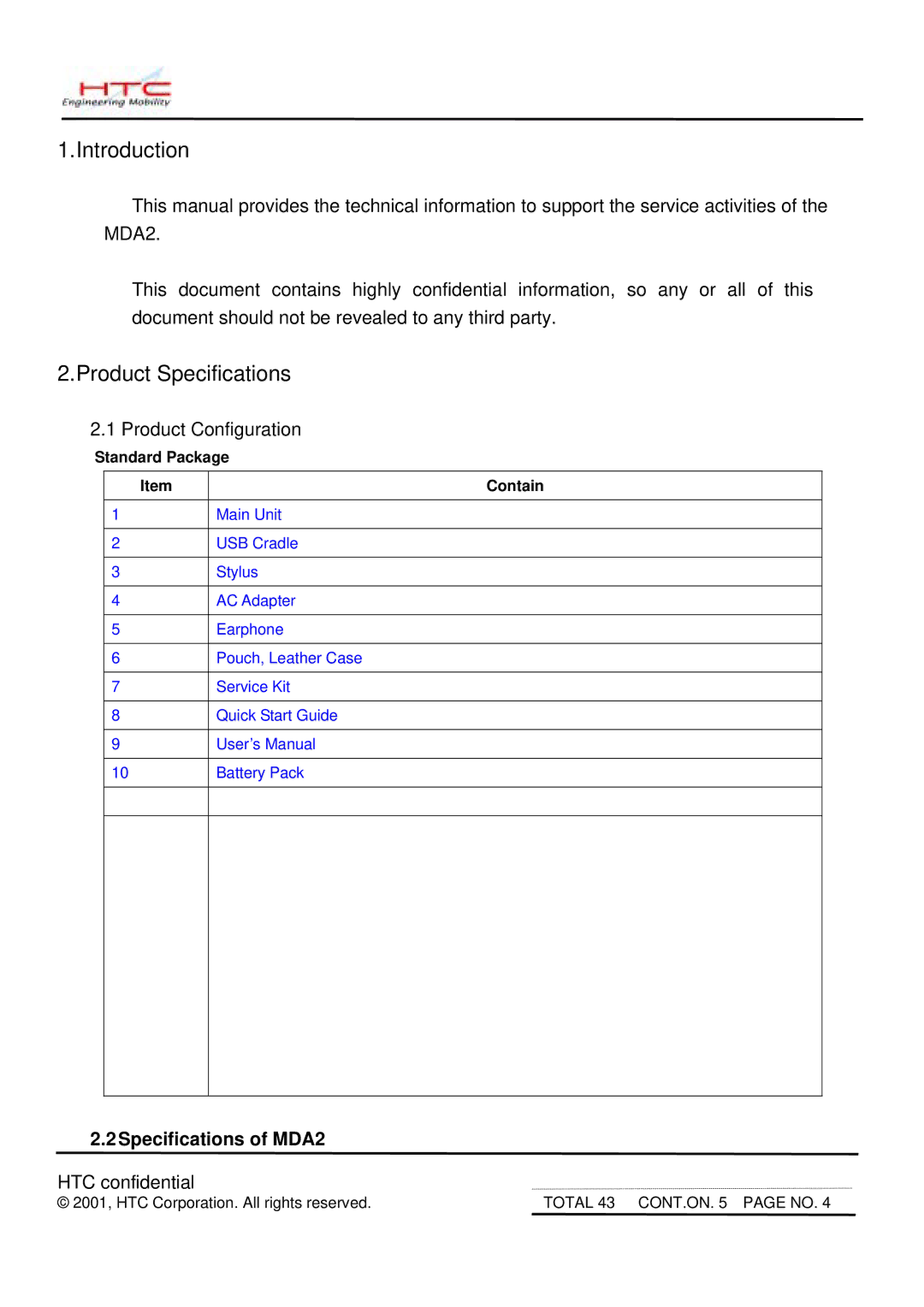 HTC service manual Introduction, Product Specifications, 2Specifications of MDA2 