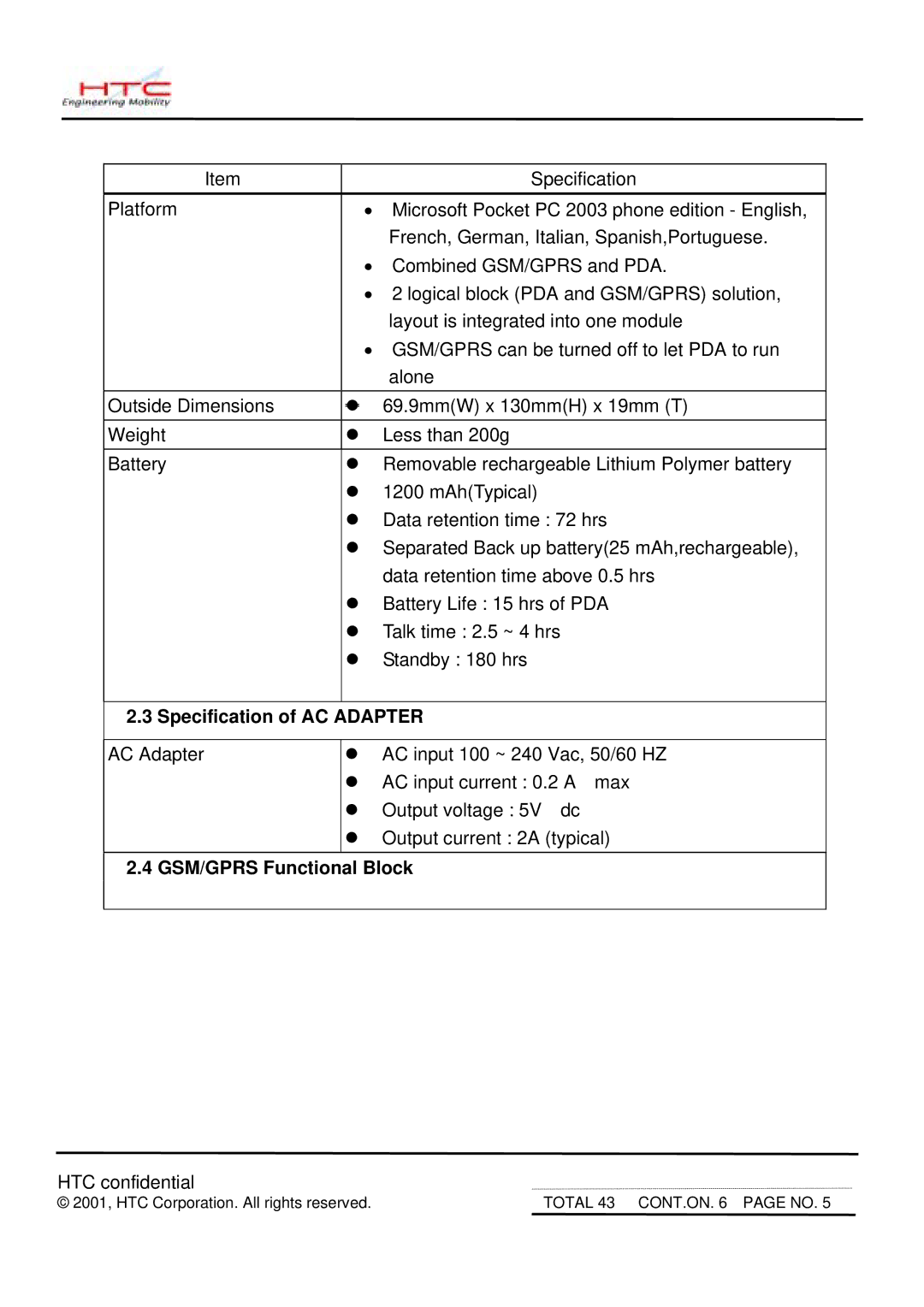 HTC MDA2 service manual Specification of AC Adapter, GSM/GPRS Functional Block 