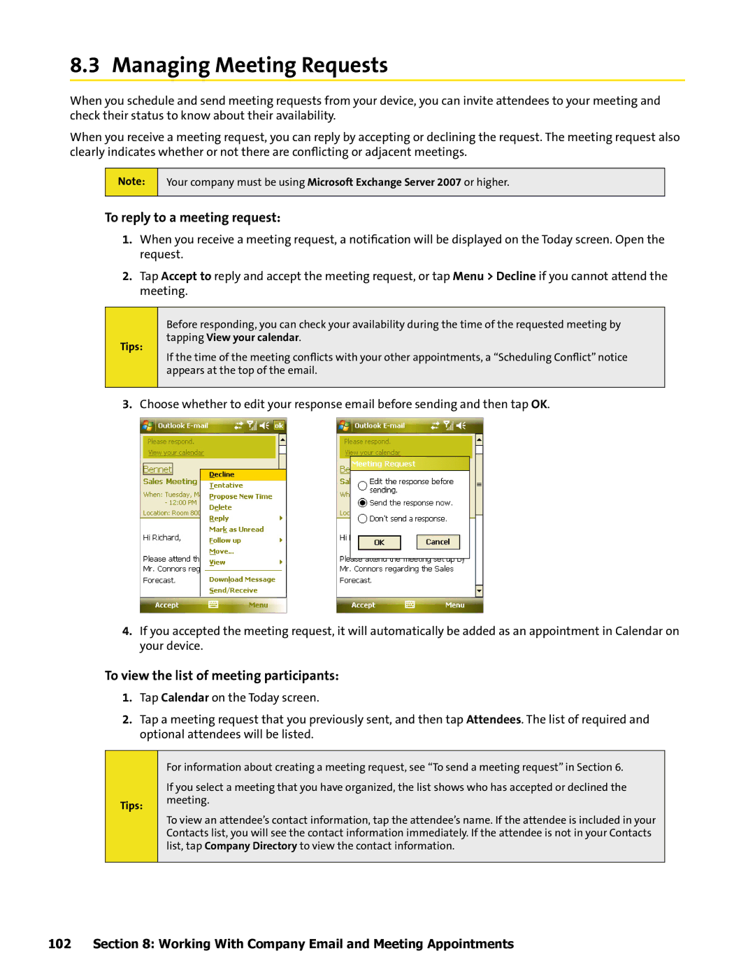 HTC Mogul manual Managing Meeting Requests, To reply to a meeting request, To view the list of meeting participants 