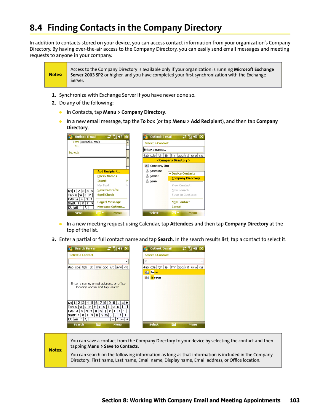 HTC Mogul manual Finding Contacts in the Company Directory, Contacts, tap Menu Company Directory 