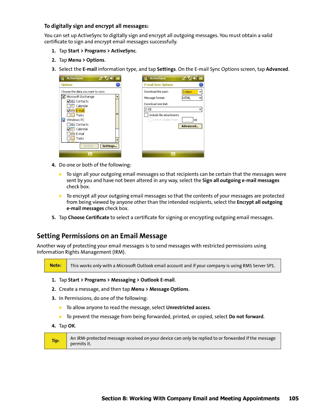 HTC Mogul manual Setting Permissions on an Email Message, To digitally sign and encrypt all messages 