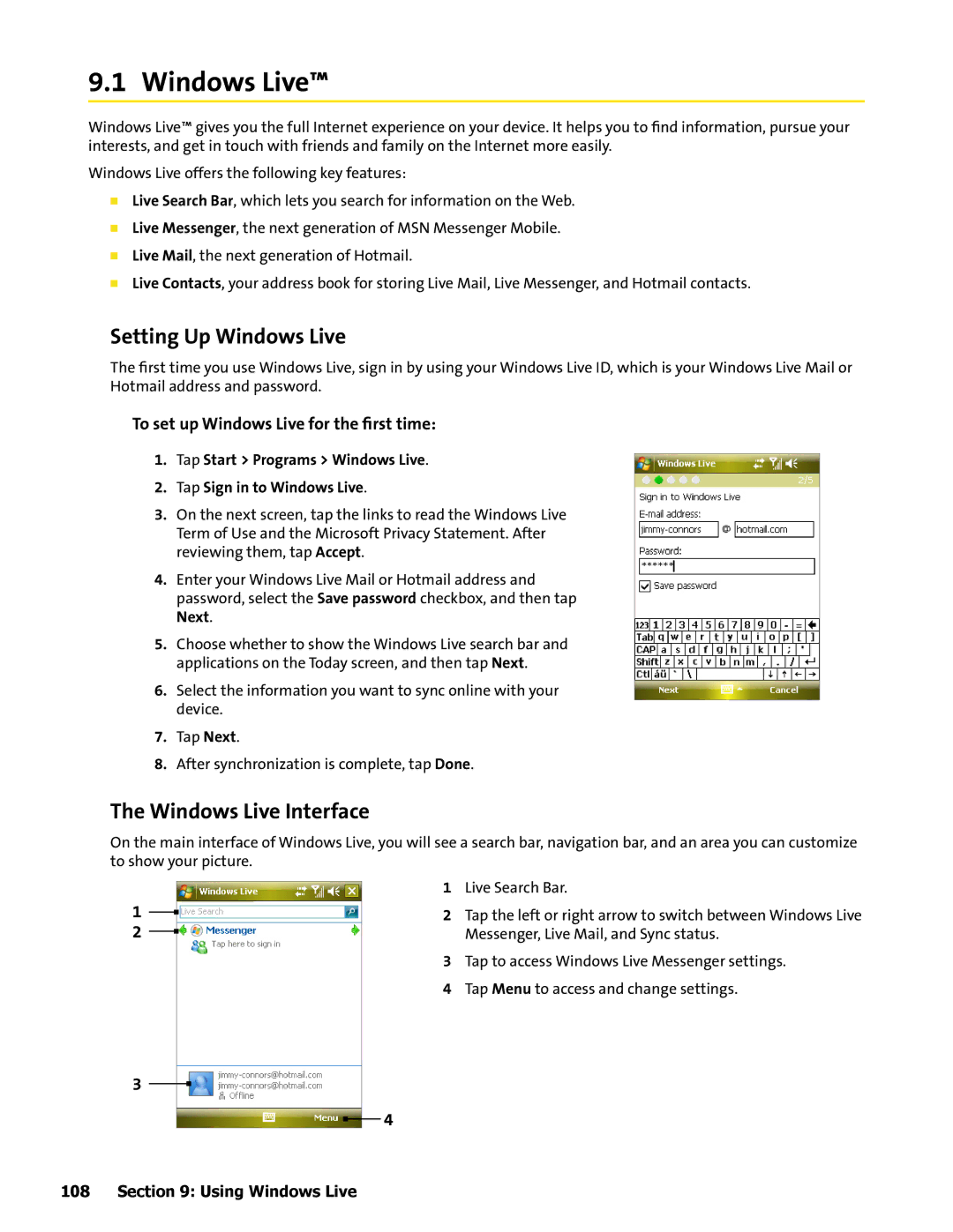 HTC Mogul manual Setting Up Windows Live, Windows Live Interface, To set up Windows Live for the ﬁrst time 