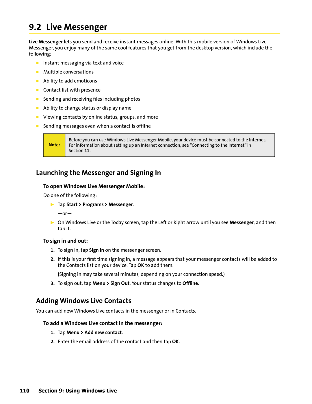 HTC Mogul manual Live Messenger, Launching the Messenger and Signing, Adding Windows Live Contacts 