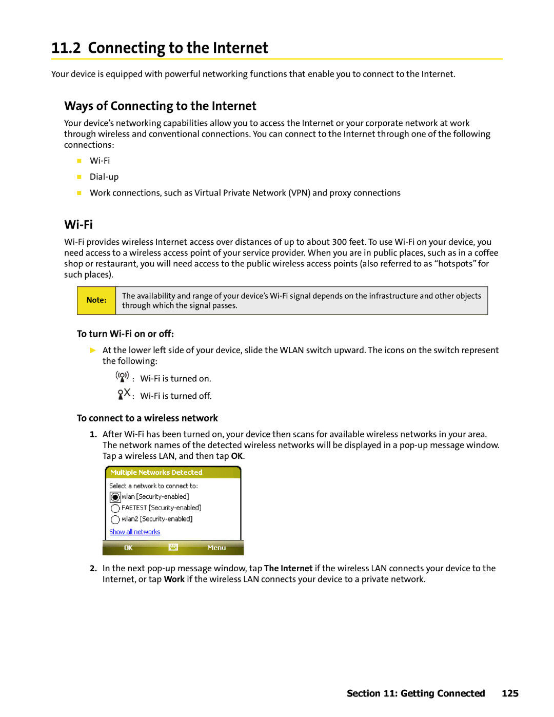 HTC Mogul manual Ways of Connecting to the Internet, To turn Wi-Fi on or off, To connect to a wireless network 