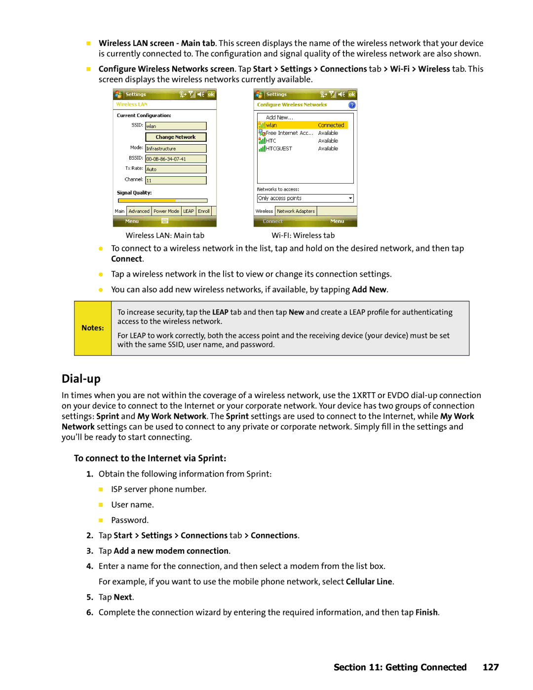 HTC Mogul manual Dial-up, To connect to the Internet via Sprint 