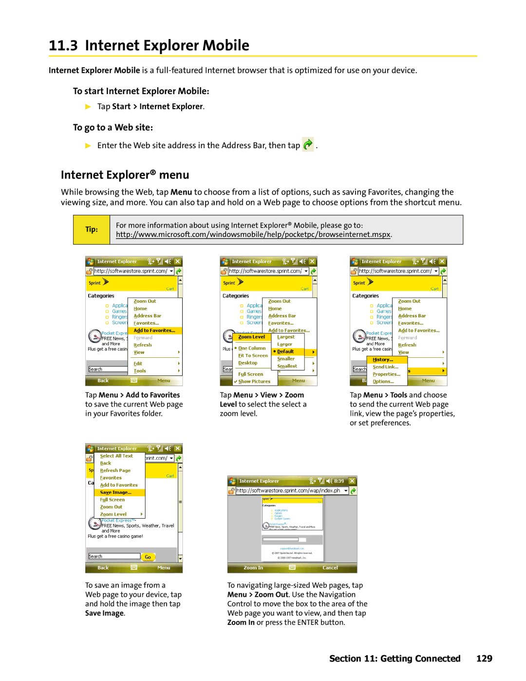 HTC Mogul manual Internet Explorer menu, To start Internet Explorer Mobile, To go to a Web site 