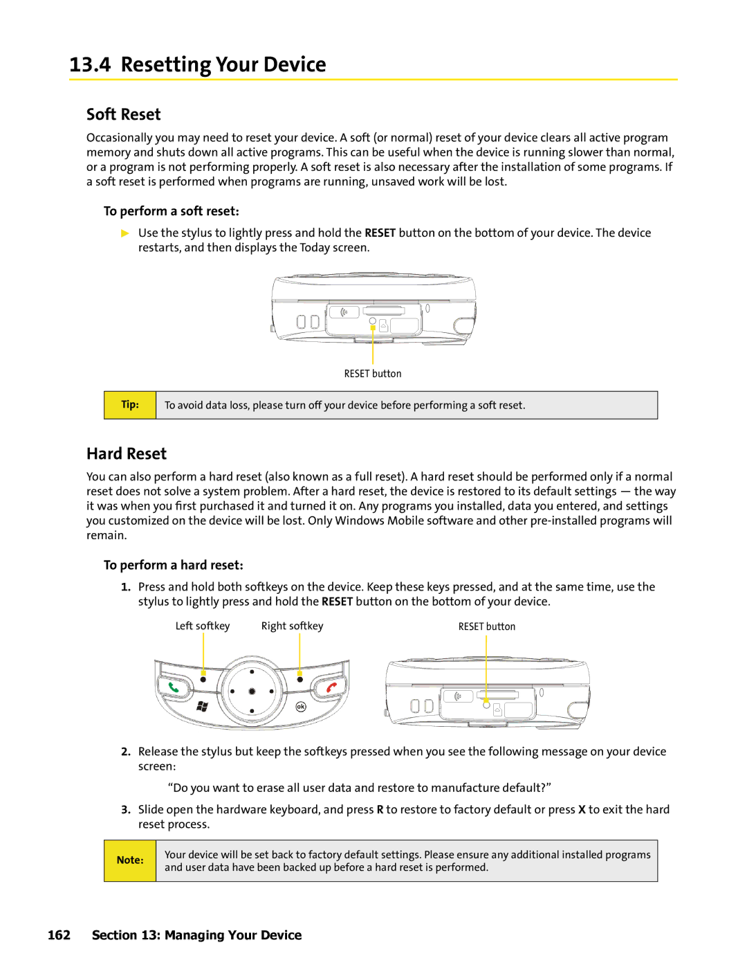 HTC Mogul manual Resetting Your Device, Soft Reset, Hard Reset, To perform a soft reset, To perform a hard reset 