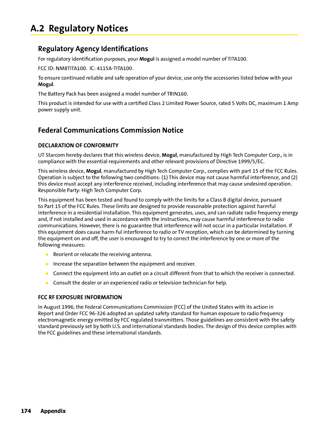 HTC Mogul manual Regulatory Notices, Regulatory Agency Identiﬁcations, Federal Communications Commission Notice 