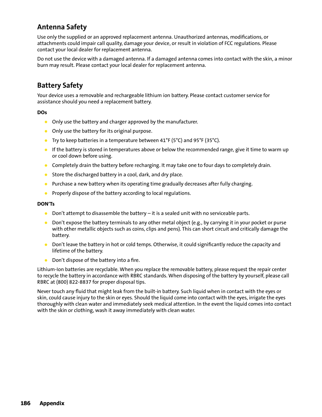 HTC Mogul manual Antenna Safety, Battery Safety, DOs, DON’Ts 