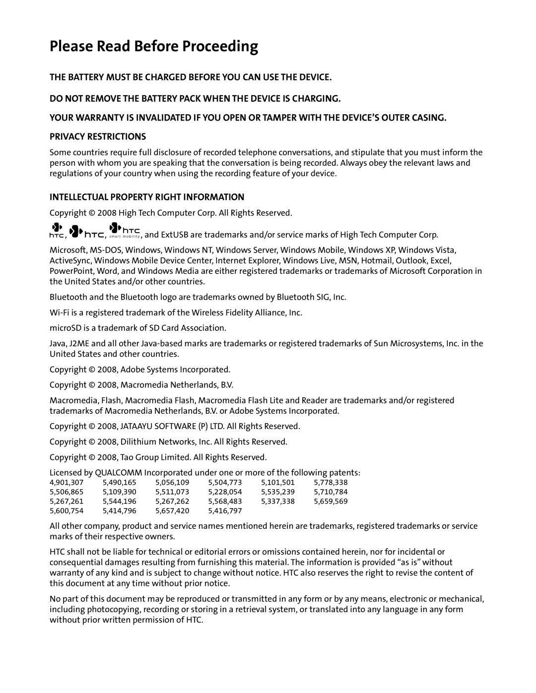 HTC Mogul manual Please Read Before Proceeding, Intellectual Property Right Information 