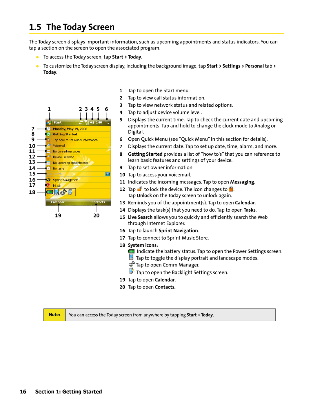 HTC Mogul manual Today Screen, 1920, Tap to launch Sprint Navigation, System icons 