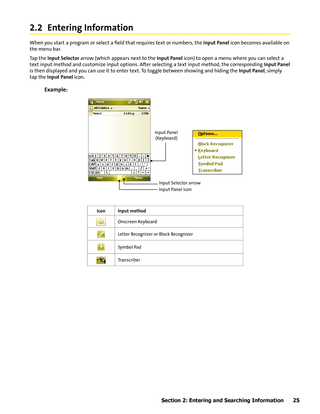 HTC Mogul manual Entering Information, Example 