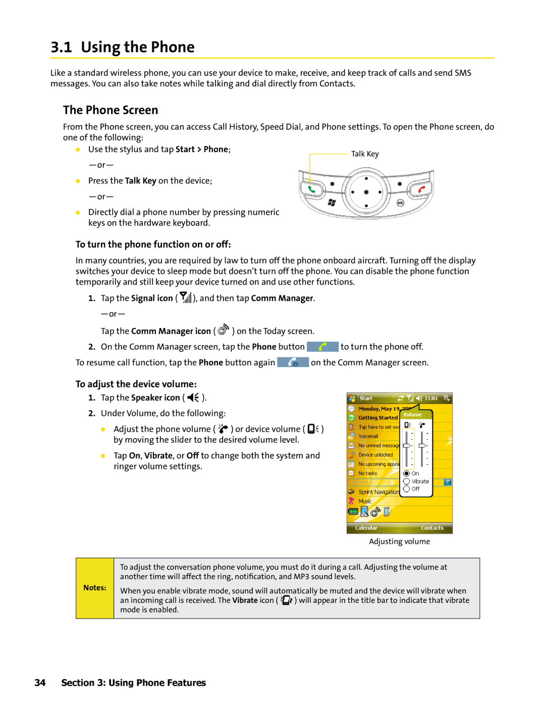 HTC Mogul manual Using the Phone, Phone Screen, To turn the phone function on or off, To adjust the device volume 