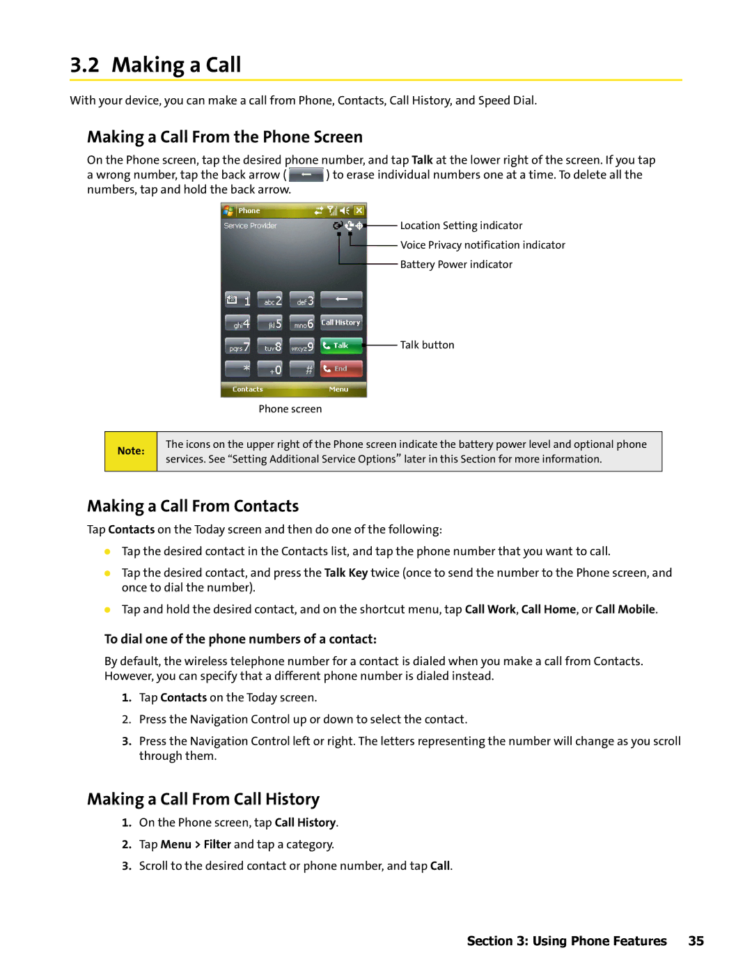 HTC Mogul manual Making a Call From the Phone Screen, Making a Call From Contacts, Making a Call From Call History 