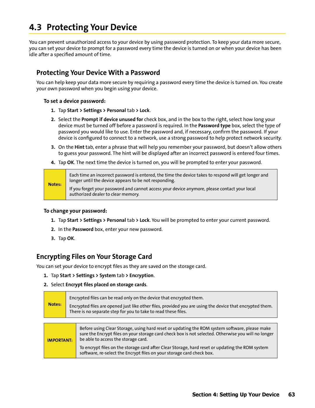 HTC Mogul Protecting Your Device With a Password, Encrypting Files on Your Storage Card, To set a device password 