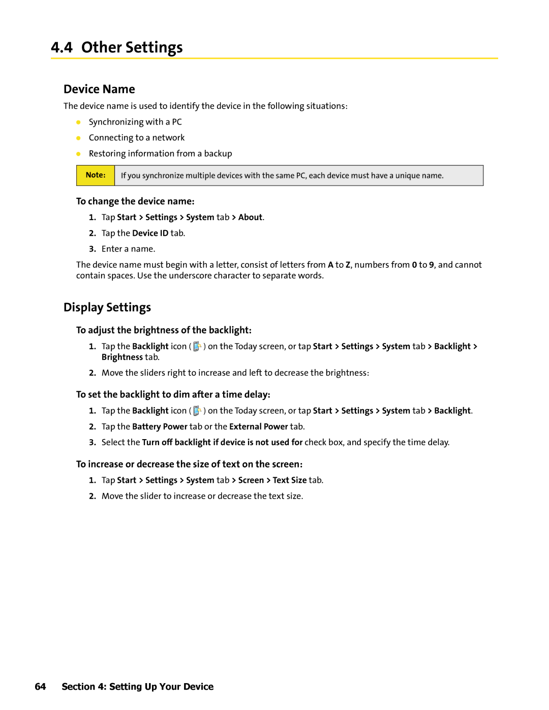 HTC Mogul manual Other Settings, Device Name, Display Settings 