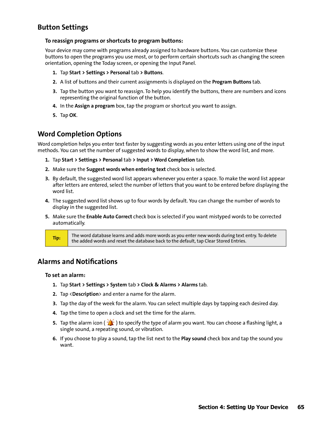 HTC Mogul manual Button Settings, Word Completion Options, Alarms and Notiﬁcations, To set an alarm 