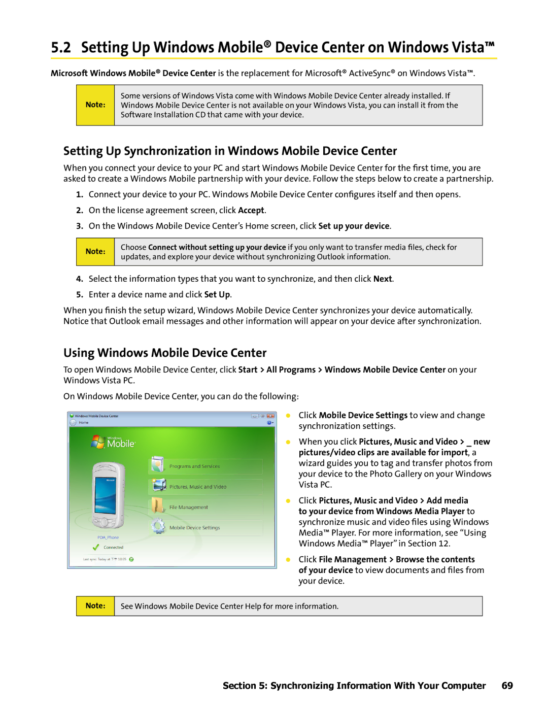 HTC Mogul manual Setting Up Synchronization in Windows Mobile Device Center, Using Windows Mobile Device Center 