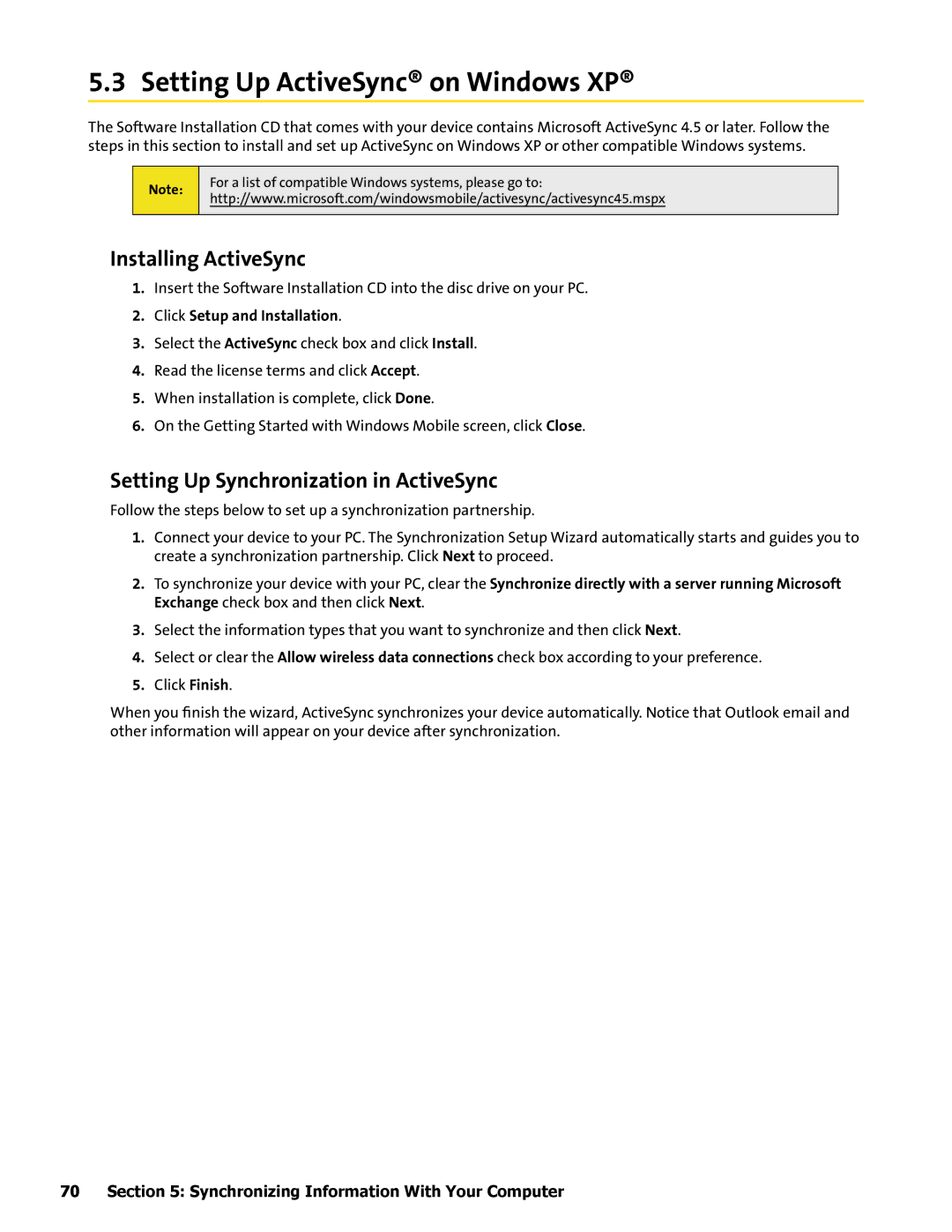 HTC Mogul manual Setting Up ActiveSync on Windows XP, Installing ActiveSync, Setting Up Synchronization in ActiveSync 