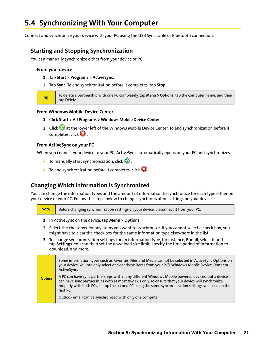 HTC Mogul manual Synchronizing With Your Computer, Starting and Stopping Synchronization 