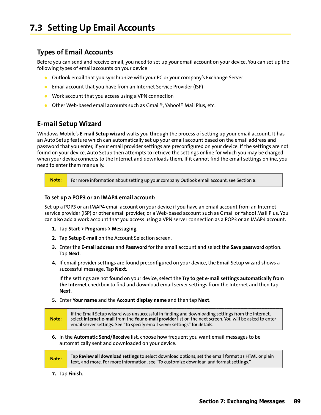 HTC Mogul manual Setting Up Email Accounts, Types of Email Accounts, Mail Setup Wizard, Tap Finish 