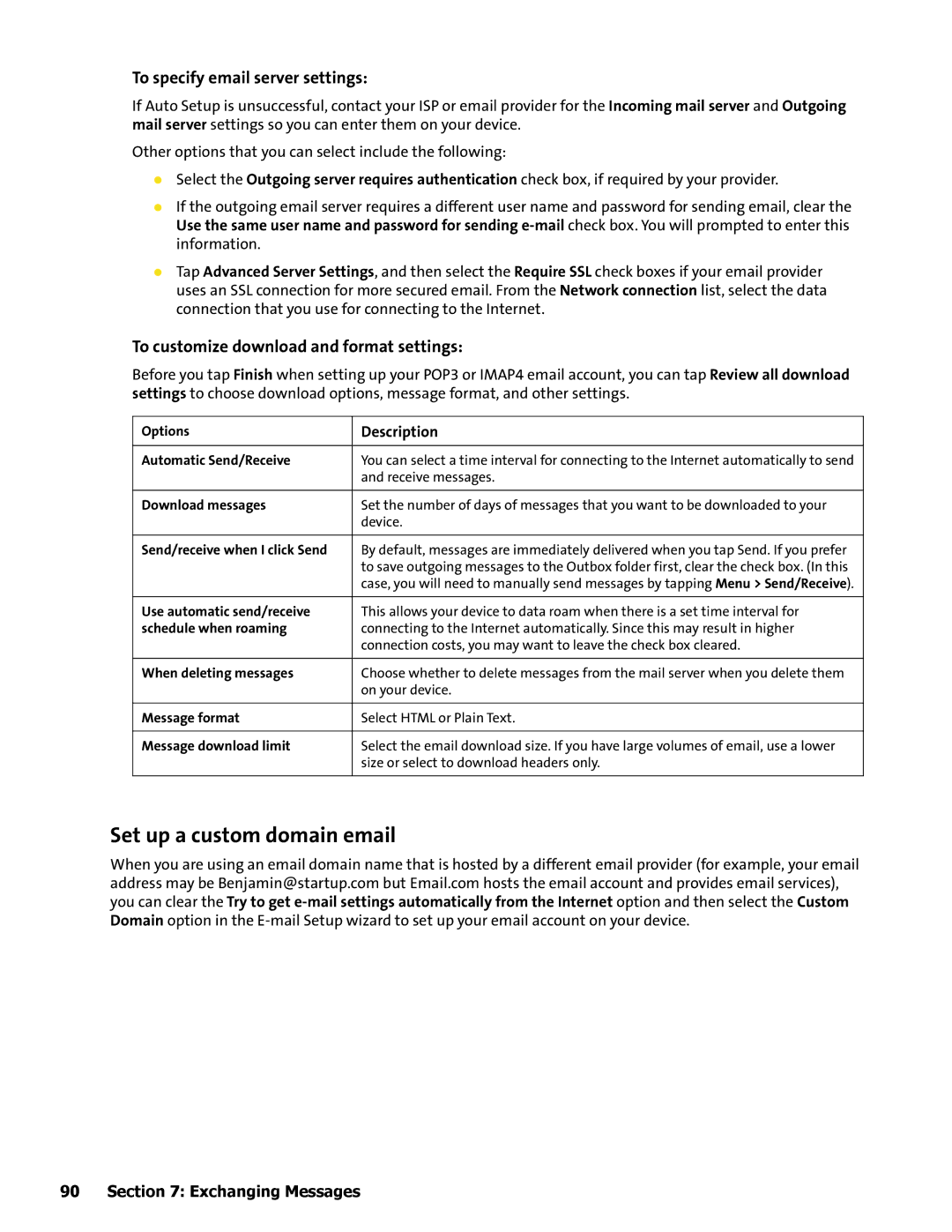 HTC Mogul manual Set up a custom domain email, To specify email server settings, To customize download and format settings 