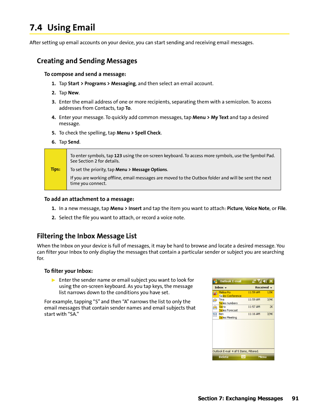 HTC Mogul manual Using Email, Creating and Sending Messages, Filtering the Inbox Message List 