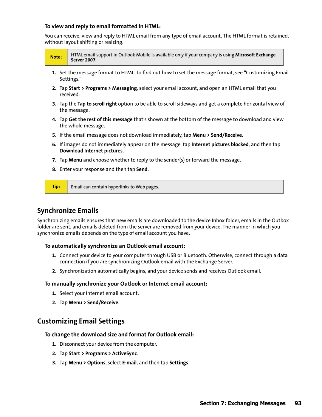 HTC Mogul manual Synchronize Emails, Customizing Email Settings, To view and reply to email formatted in Html 