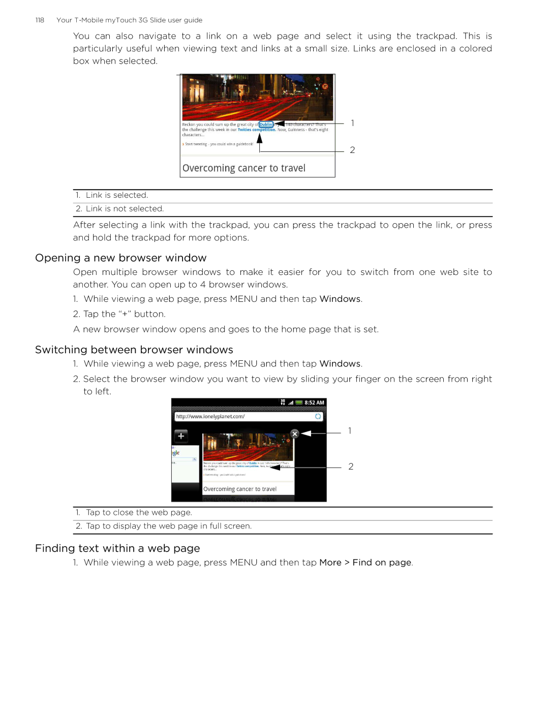 HTC myTouch 3G Slide manual Opening a new browser window, Switching between browser windows, Finding text within a web 