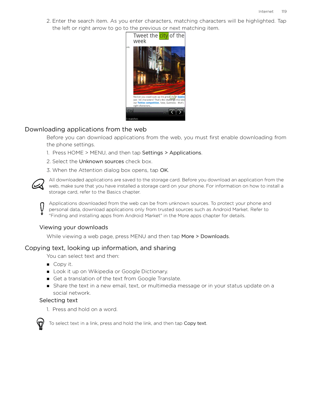 HTC myTouch3G-UN Downloading applications from the web, Copying text, looking up information, and sharing, Selecting text 